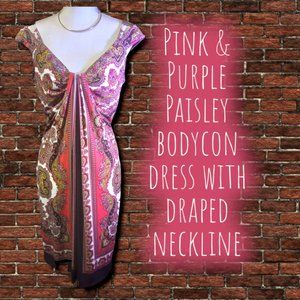 Pink & Purple Paisley Bodycon Dress w/Draped Neckline